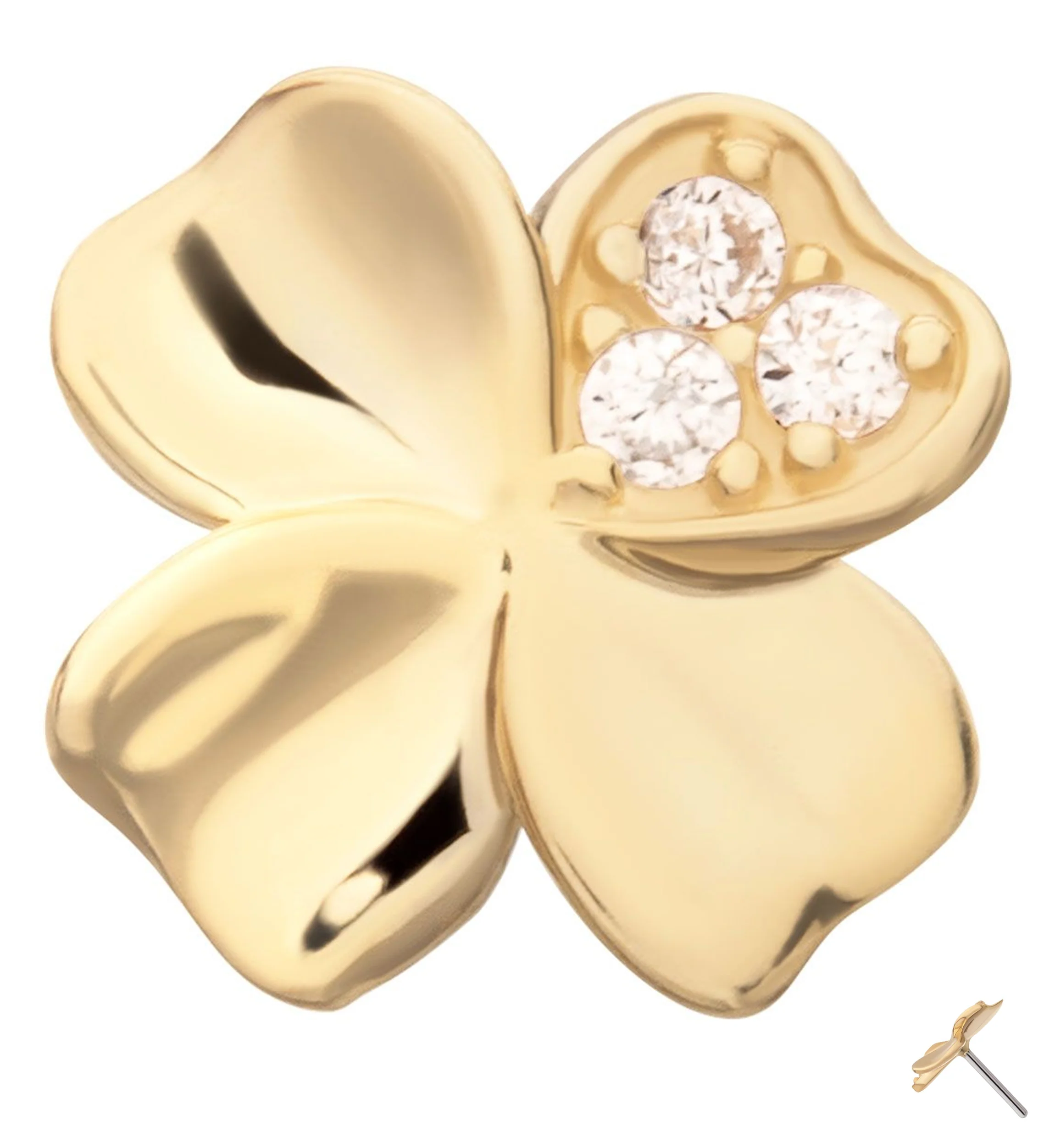 14kt Gold Lucky Clover Clear CZ Threadless Top - Mrs Treak