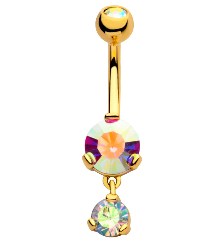 Gold PVD Round Rainbow Aurora CZ Dangle Stainless Steel Belly Button Ring - Mrs Treak