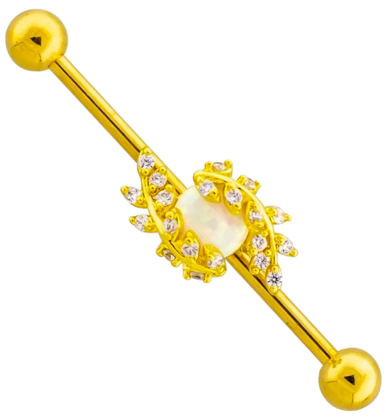 Gold PVD White Opalite Circle Leaves Industrial Barbell - Mrs Treak