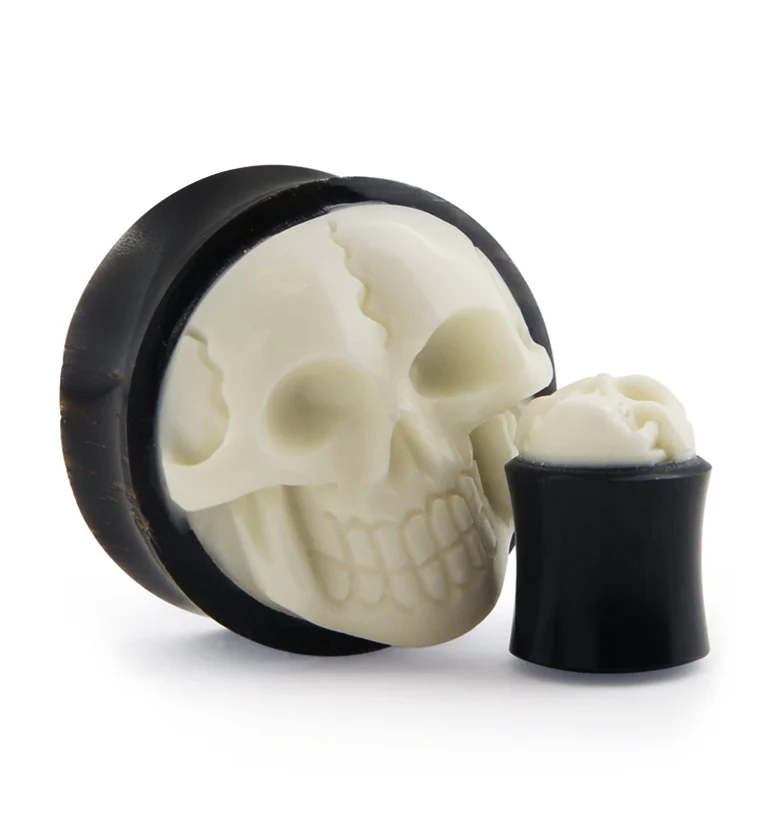Horn Plugs With Carved Bone Skull Inlay - Mrs Treak