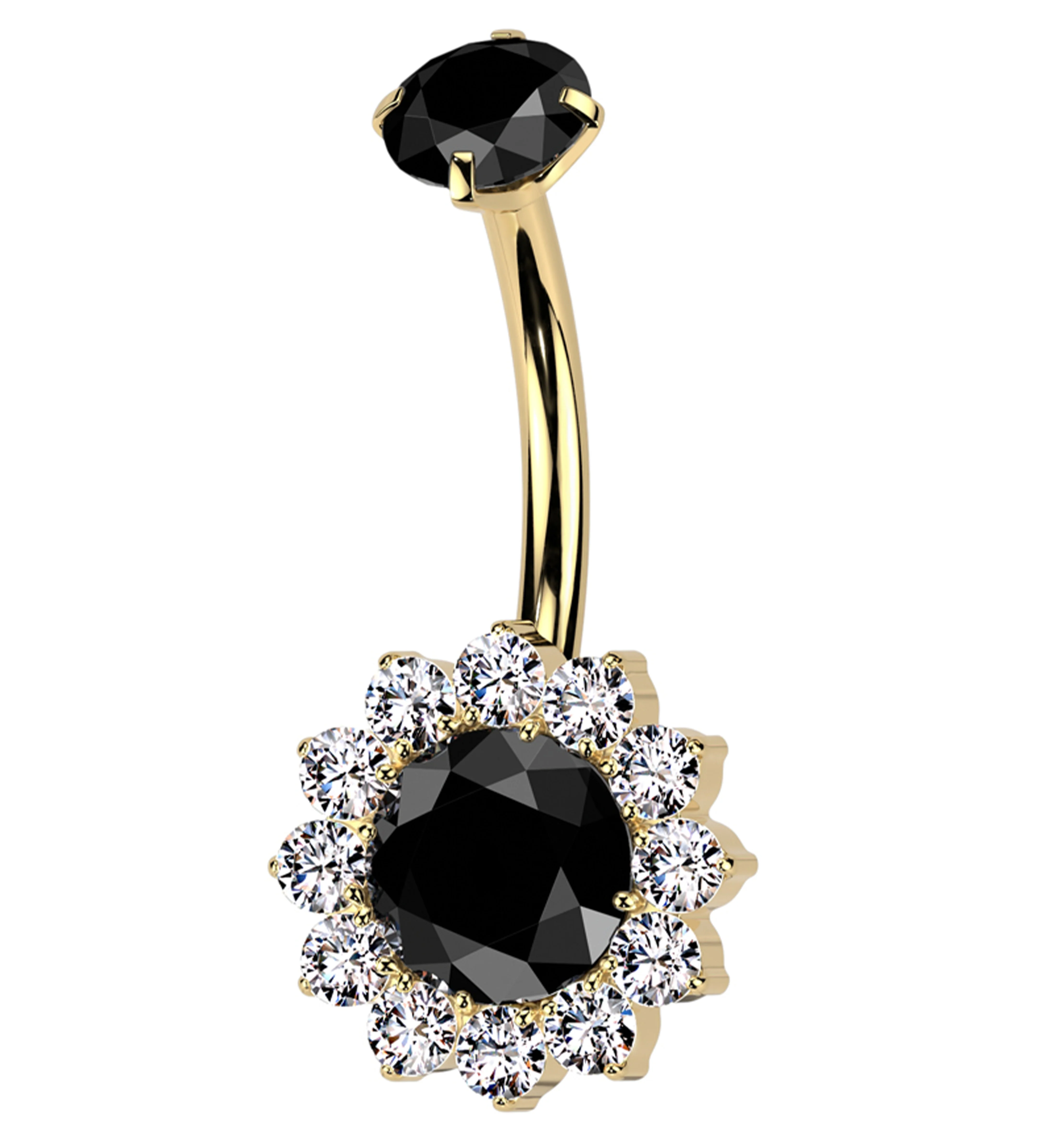 Gold PVD Black CZ Bold Flower Titanium Internally Threaded Belly Button Ring - Mrs Treak