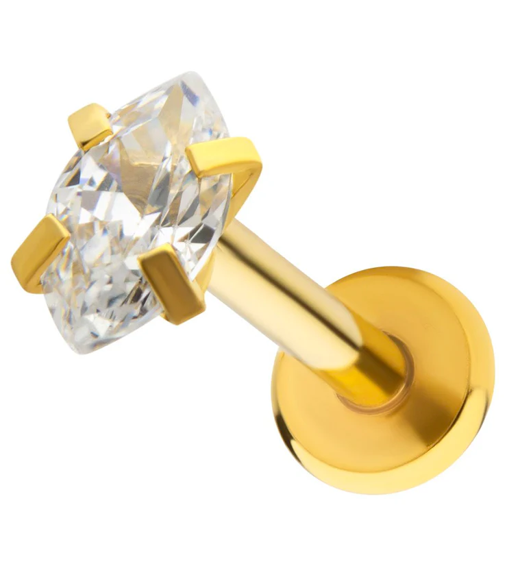 Gold PVD Clear Prong Oval CZ Stainless Steel Internally Threaded Labret - Mrs Treak