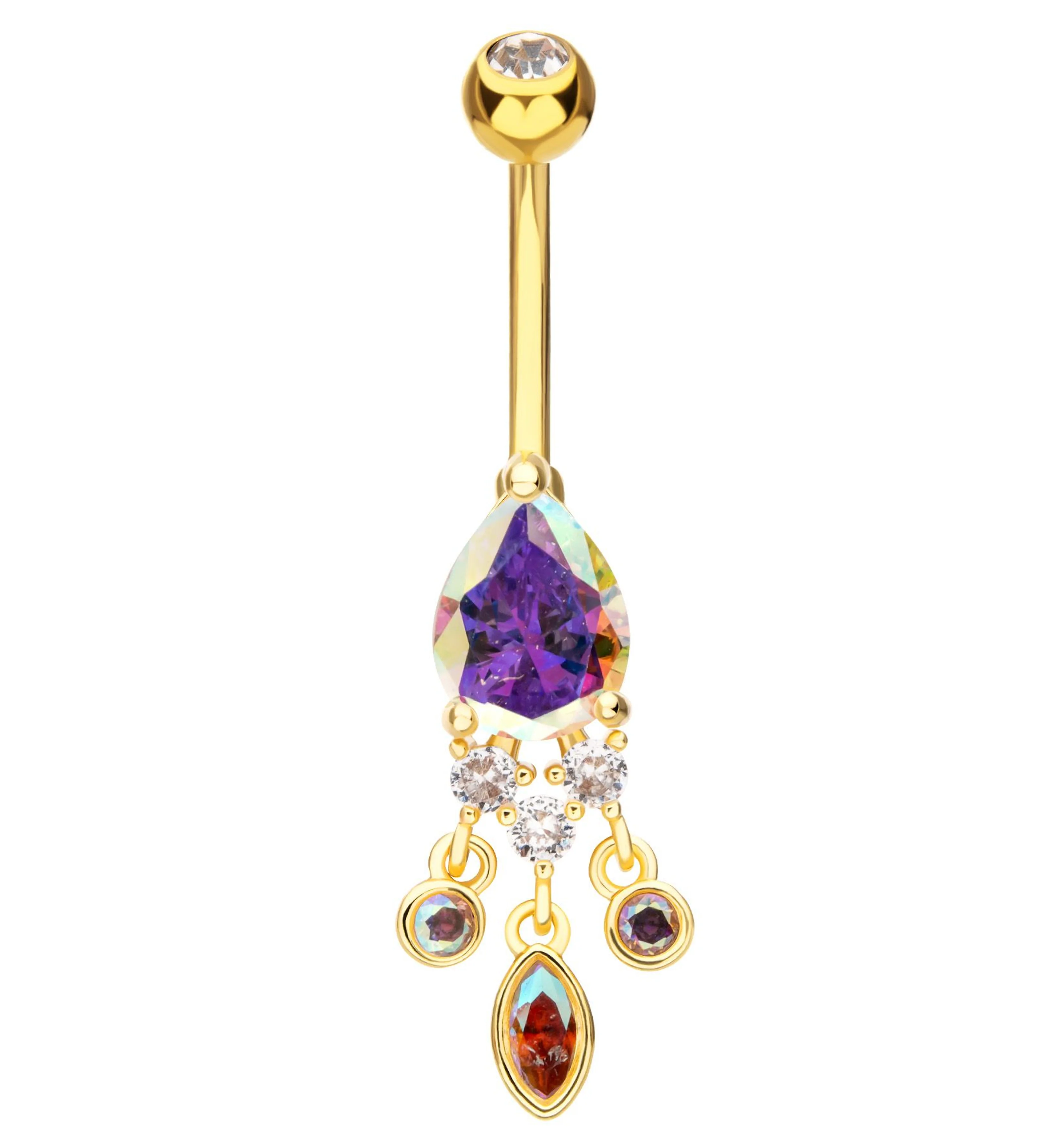 Gold PVD Teardrop Rainbow Aurora CZ Triple Dangle Stainless Steel Belly Button Ring - Mrs Treak