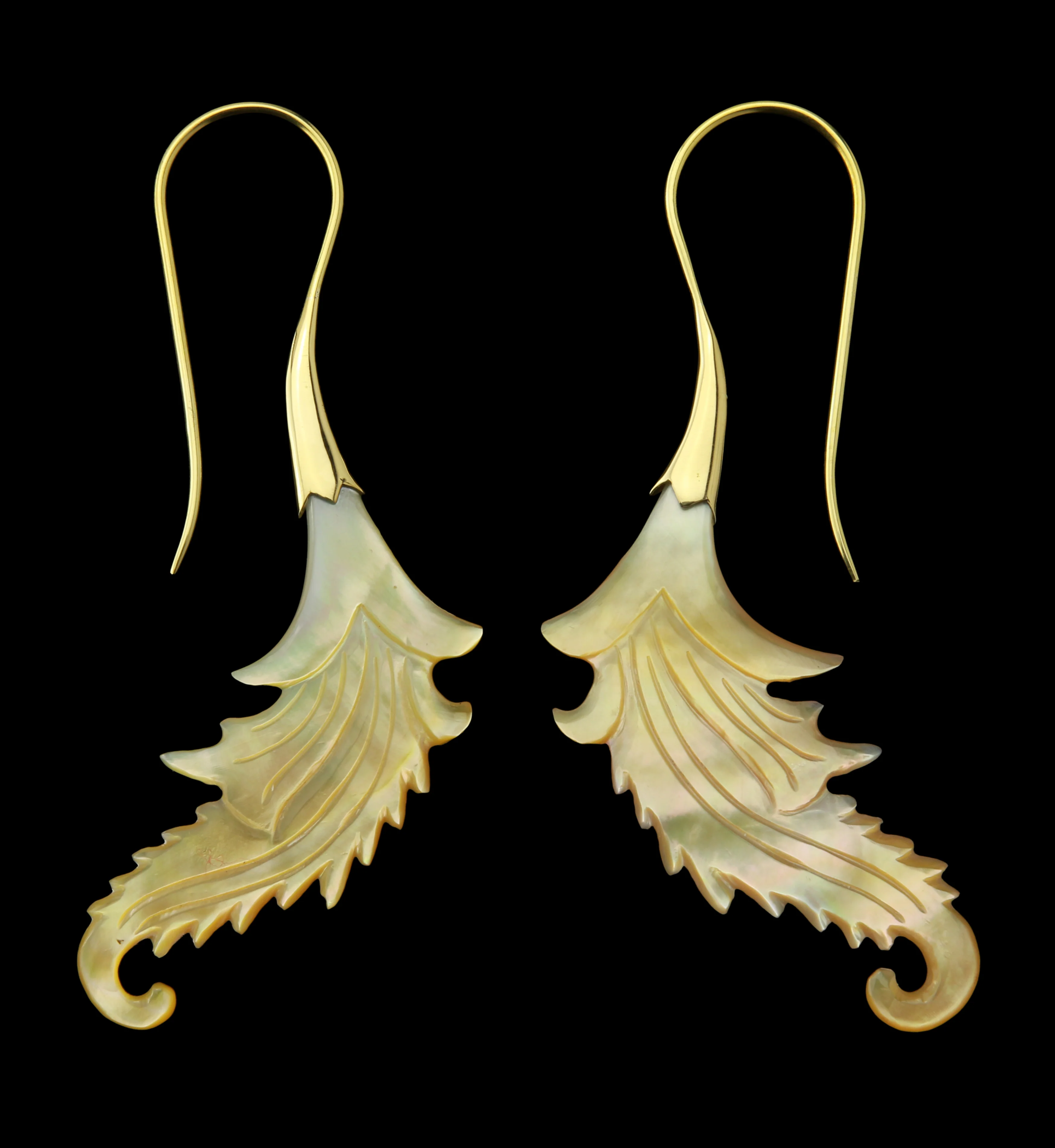 18G Feather Brass MOP Hangers / Earrings - Mrs Treak