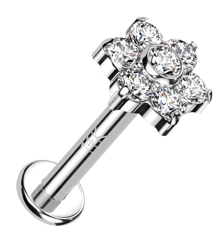 14kt White Gold Flower CZ Internally Threaded Labret - Mrs Treak