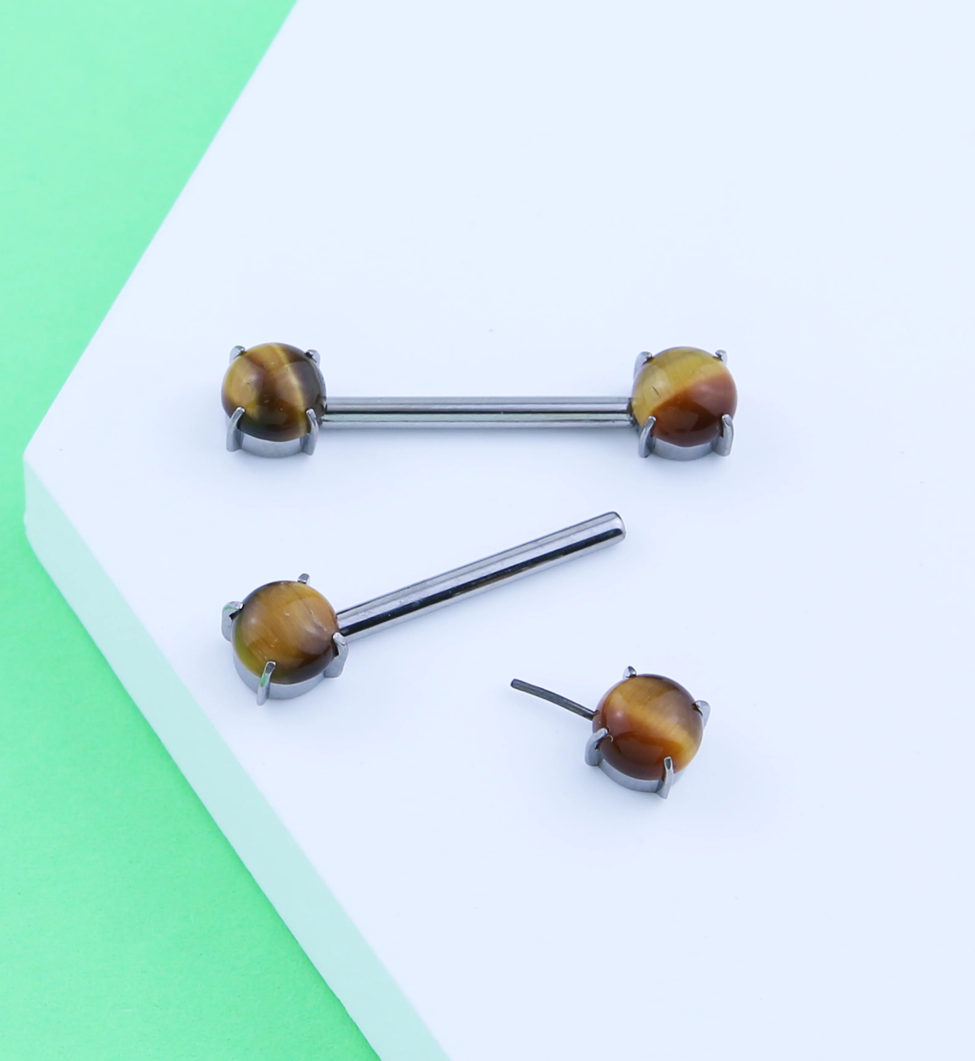 Double Tigers Eye Stone Threadless Titanium Nipple Barbells - Mrs Treak