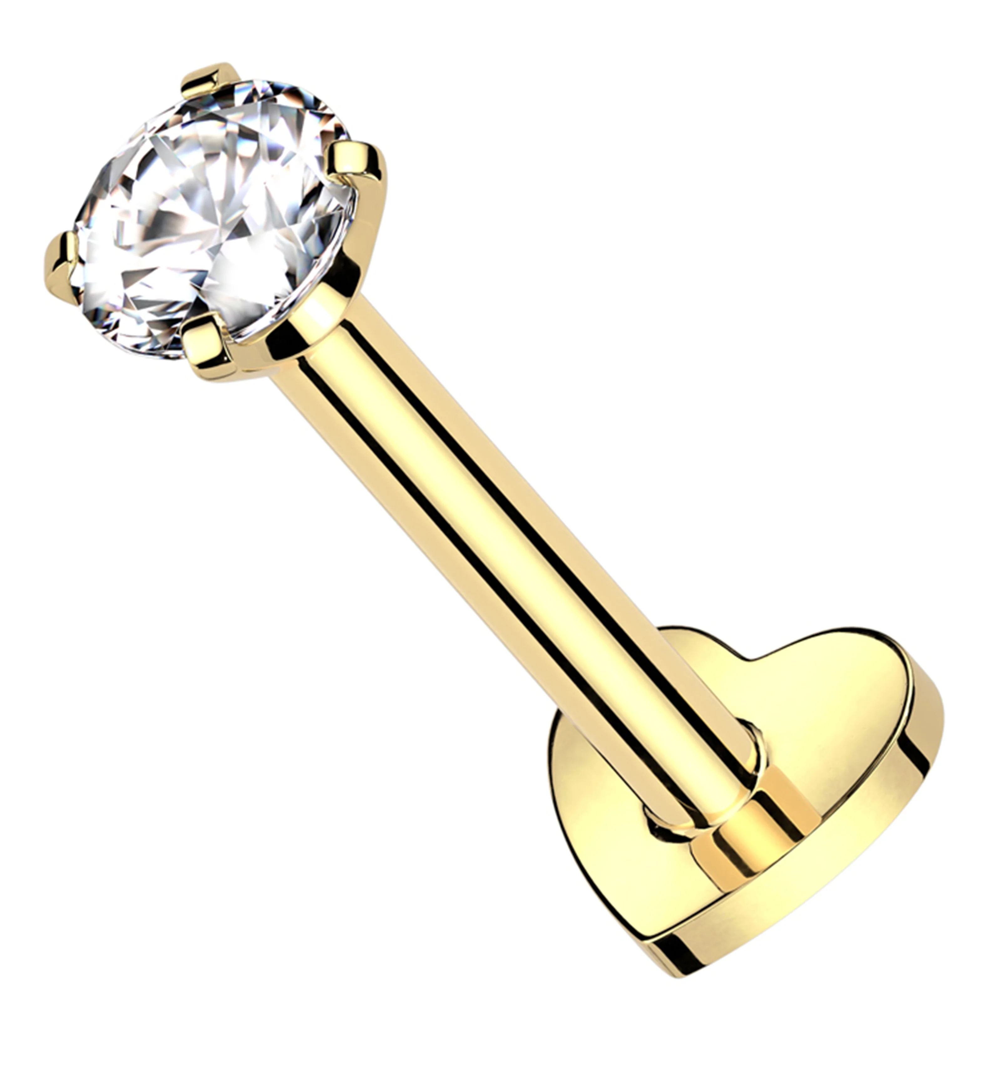 Gold PVD Prong Clear CZ Internally Threaded Titanium Heart Disk Labret - Mrs Treak