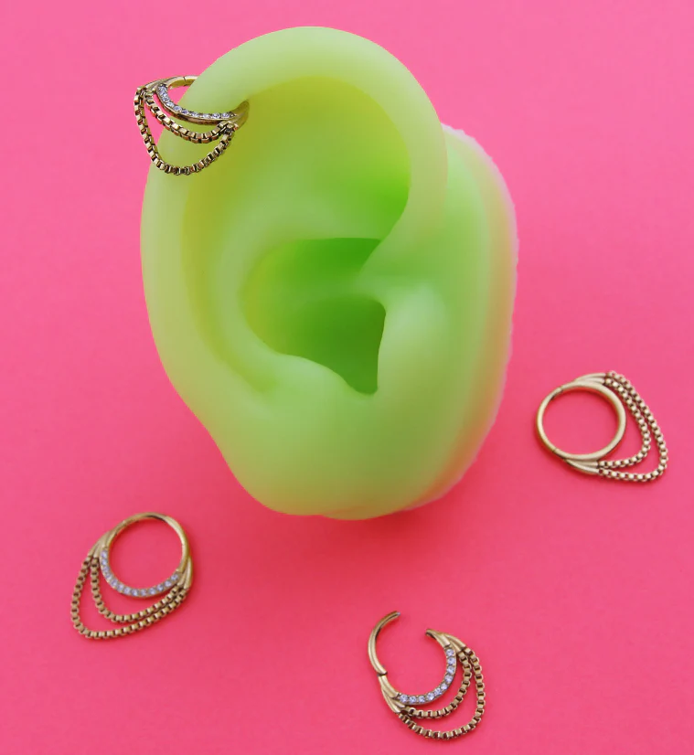 Gold PVD Double Box Chain Dangle Clear CZ Stainless Steel Hinged Segment Ring - Mrs Treak