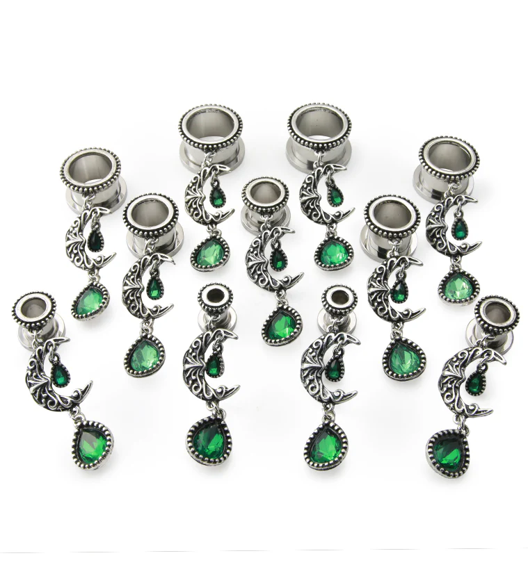 Emerald Crescent Moon Dangle Stainless Steel Tunnels - Mrs Treak