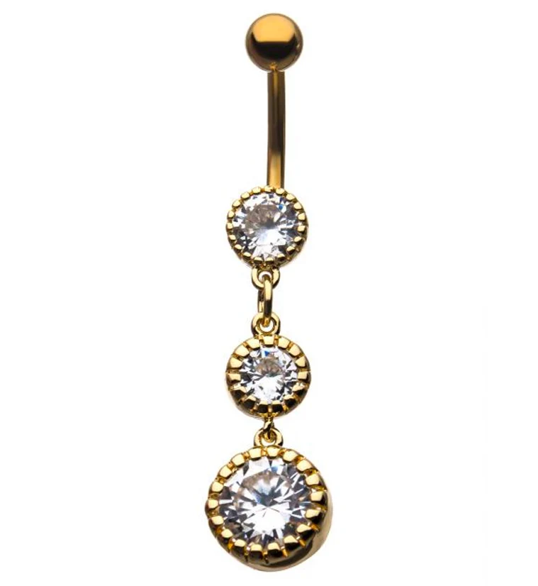 Gold PVD Triple CZ Dangle Belly Ring - Mrs Treak