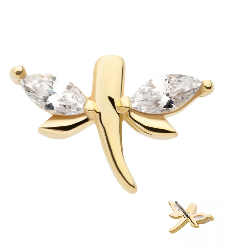 14kt Gold Mini Dragonfly Clear CZ Threadless Top - Mrs Treak
