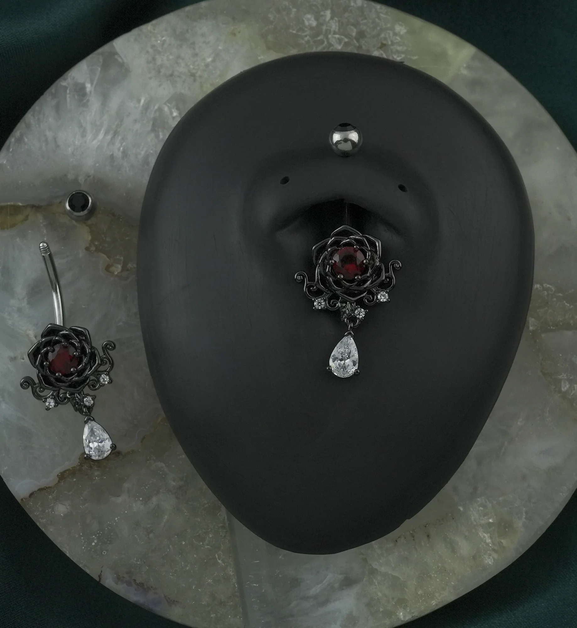 Gothic Rose Dangle Teardrop CZ Stainless Steel Belly Button Ring - Mrs Treak