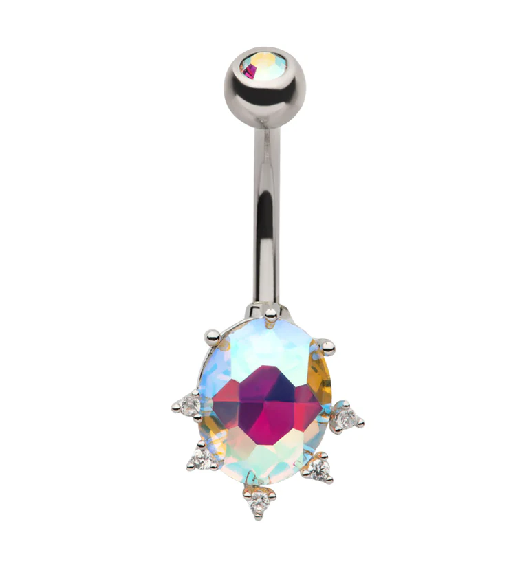 Oval Rainbow Aurora CZ Stainless Steel Belly Button Ring - Mrs Treak