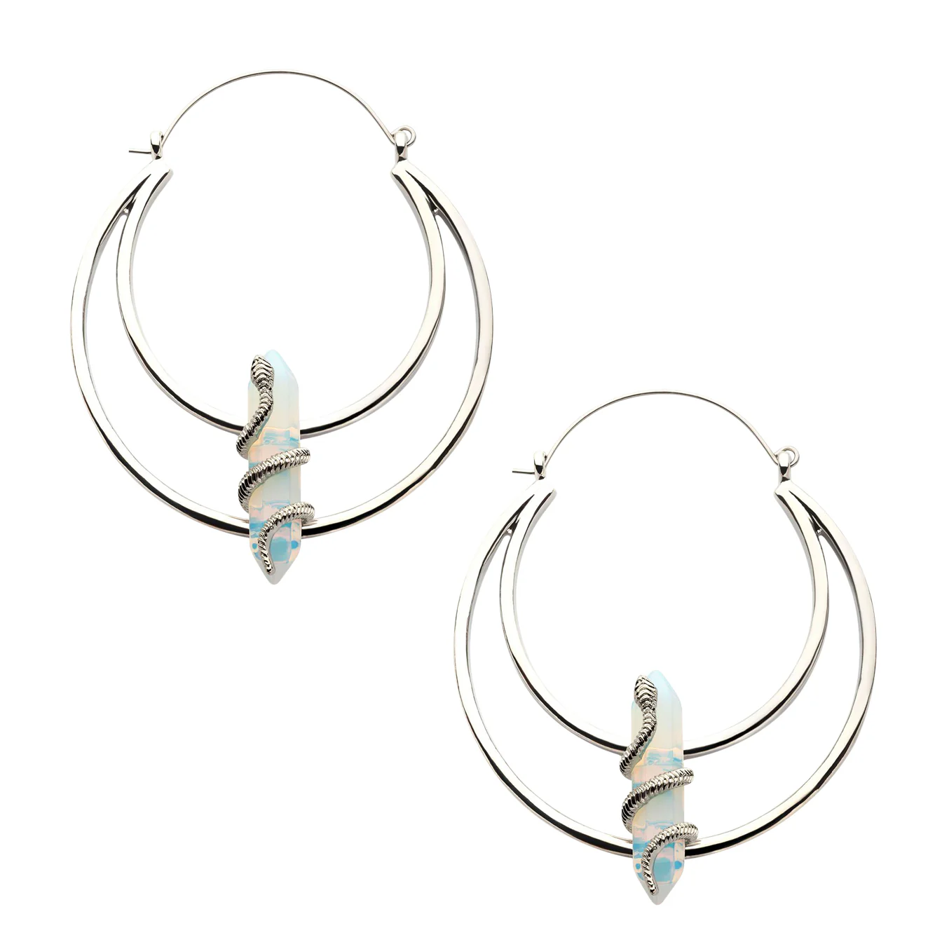 Snake Wrapped White Opalite Stainless Steel Plug Hoops - Mrs Treak