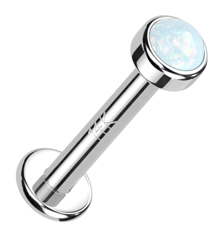 14kt White Gold Bezel White Opalite Internally Threaded Labret - Mrs Treak