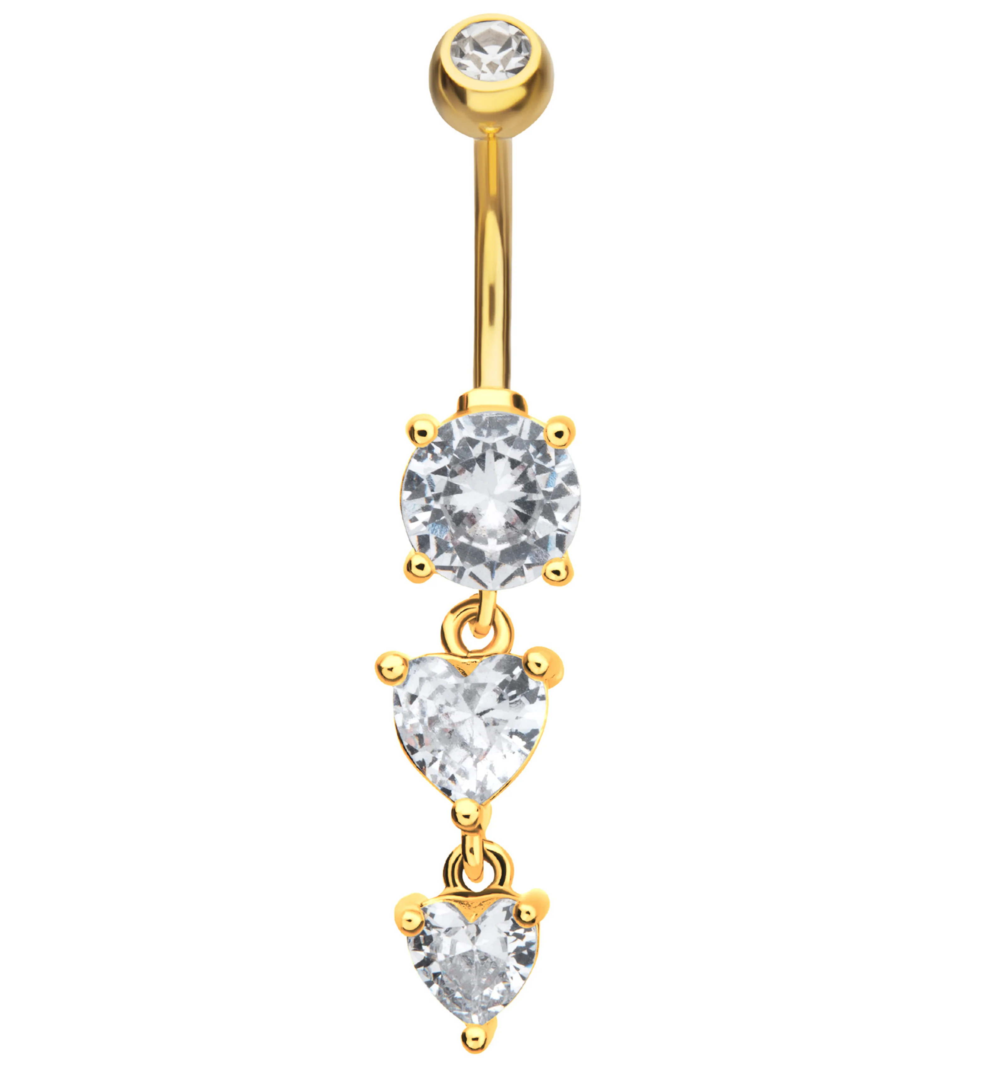 Gold PVD Double Heart Clear CZ Dangle Stainless Steel Belly Button Ring - Mrs Treak