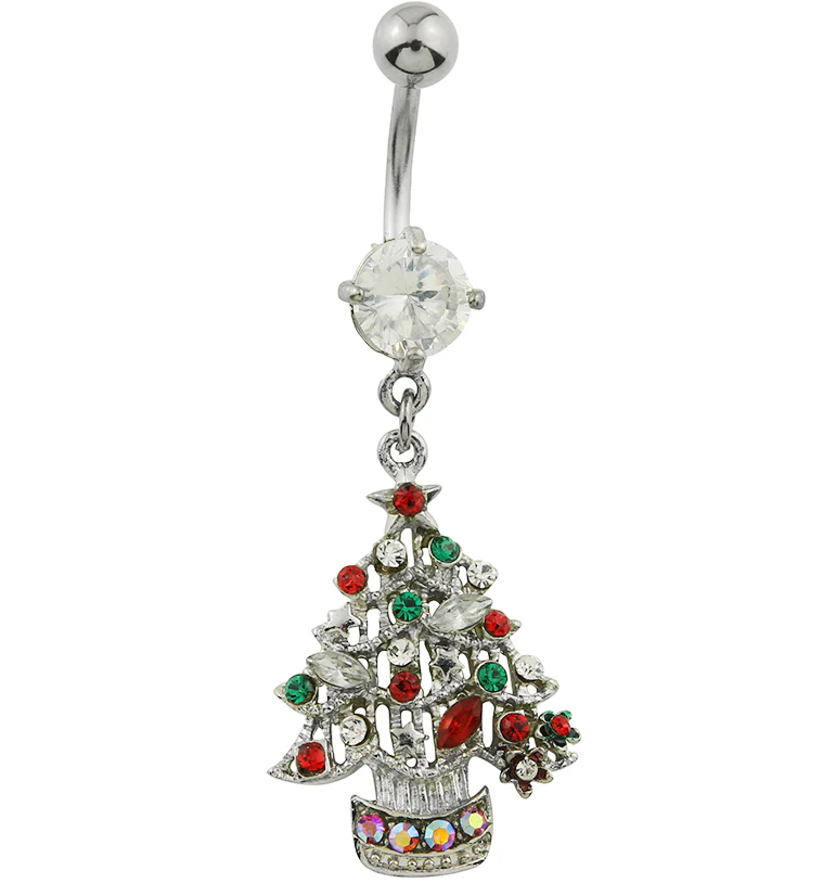 Christmas Tree Dangle Multi CZ Stainless Steel Belly Button Ring - Mrs Treak