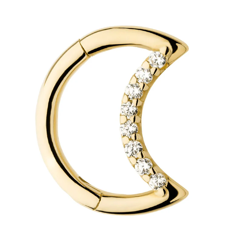 14kt Gold Crescent Moon Clear CZ Hinged Segment Ring - Mrs Treak