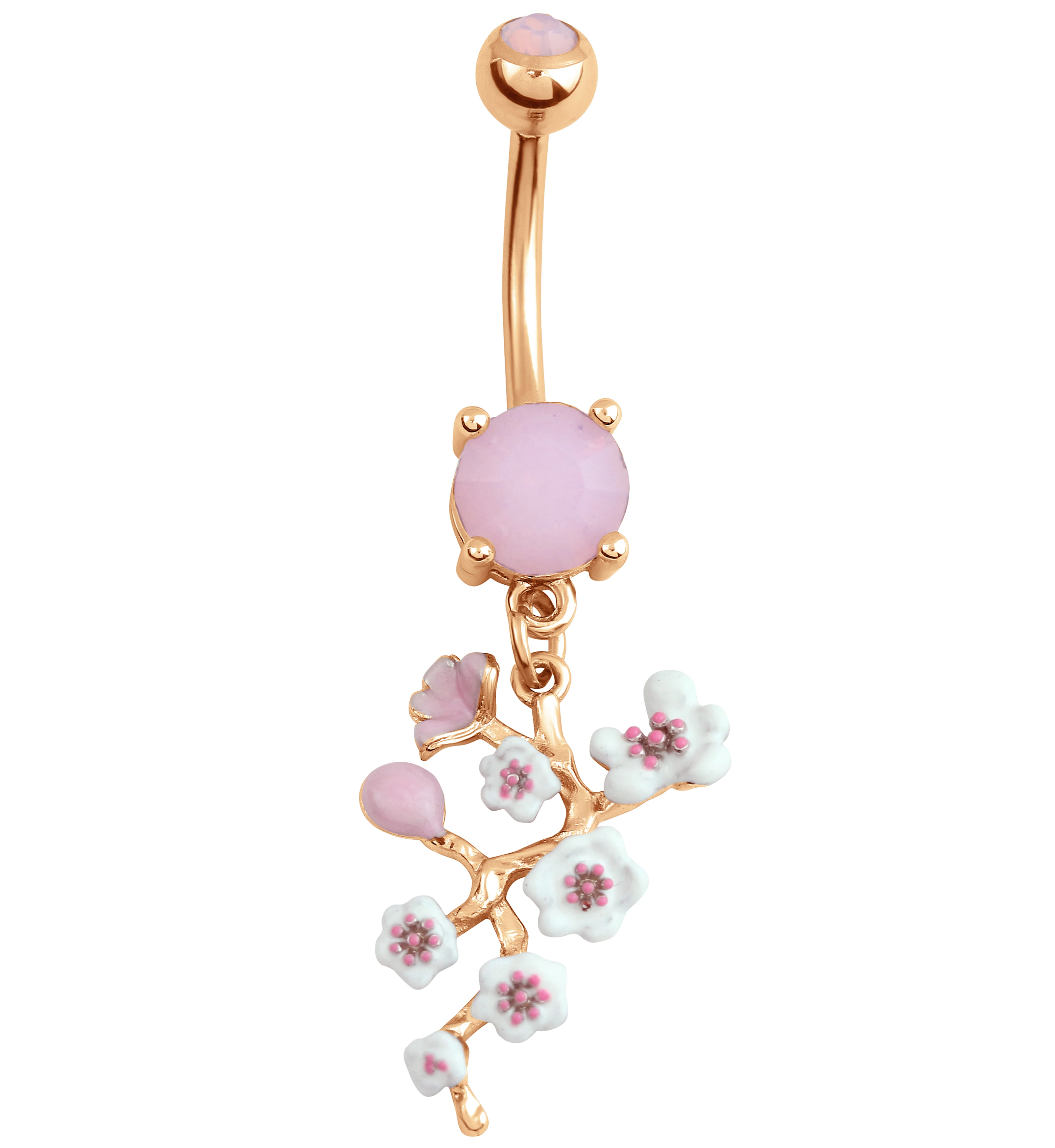 Rose Gold PVD Cherry Blossom Vine Rose Quartz CZ Stainless Steel Belly Button Ring - Mrs Treak