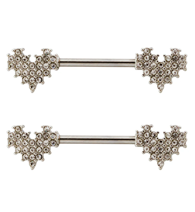 Clear Pixel CZ Hearts Stainless Steel Nipple Barbell - Mrs Treak
