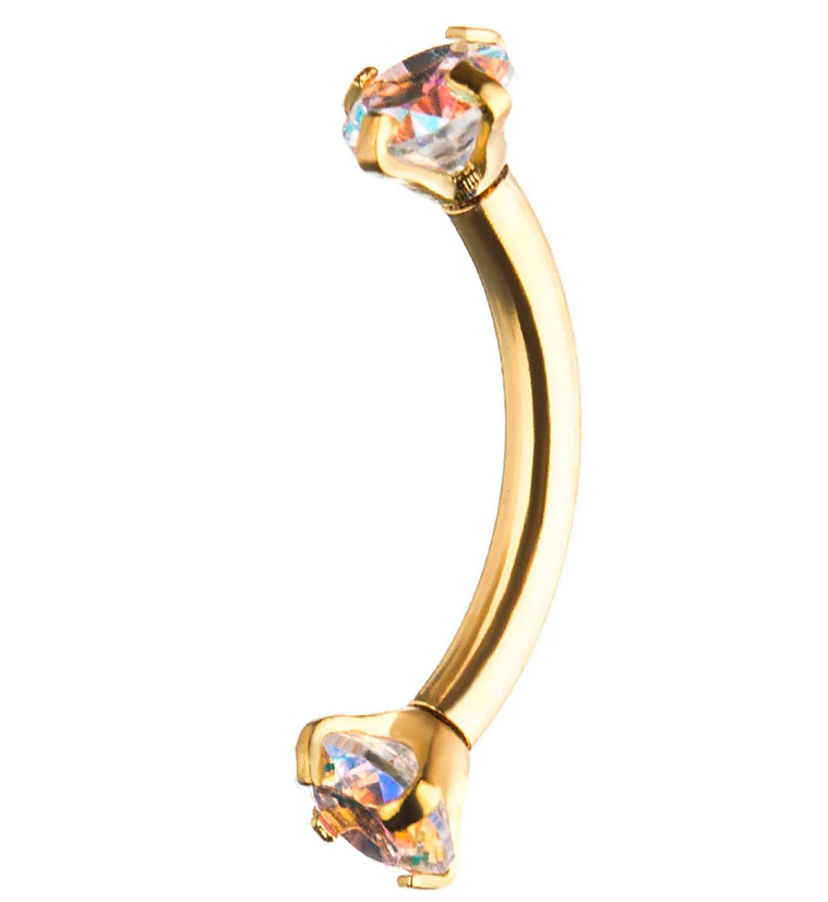Gold PVD Rainbow Aurora CZ Prong Set Stainless Steel Curved Barbell - Mrs Treak