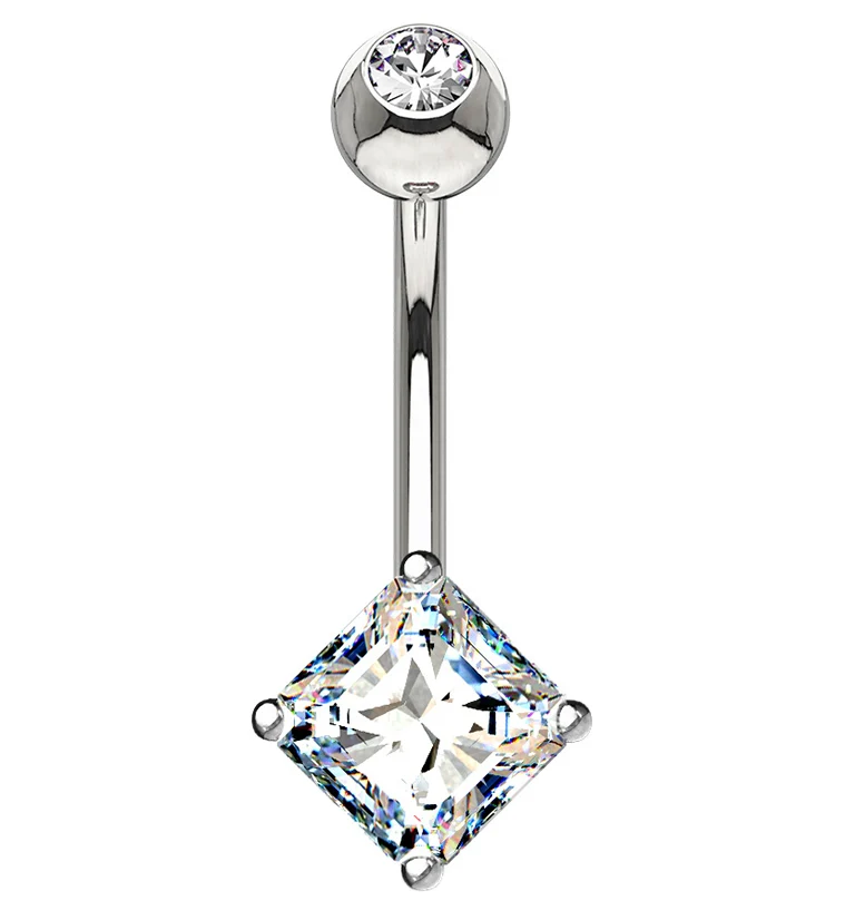 14kt White Gold Prong Square CZ Belly Button Ring - Mrs Treak