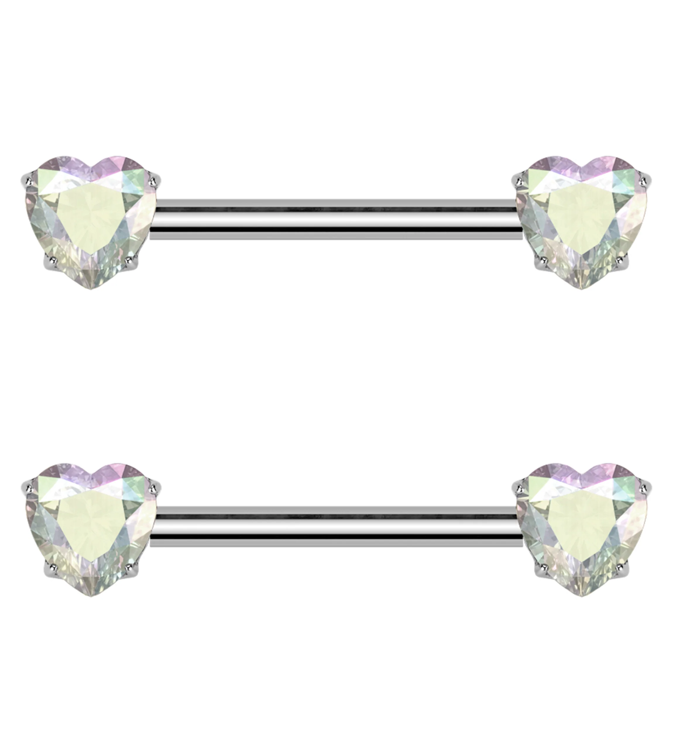 Prong Heart Rainbow Aurora CZ Threadless Titanium Nipple Barbell - Mrs Treak