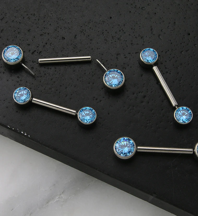 Dual Bezel Aqua CZ Titanium Threadless Nipple Ring Barbell - Mrs Treak