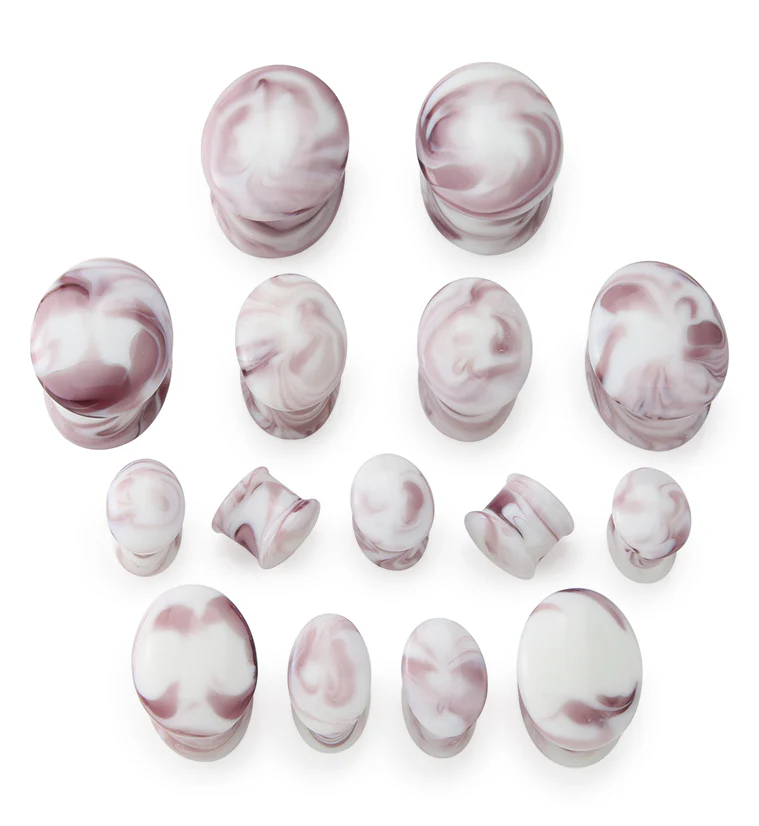 Oval Hazy Purple White Glass Double Flare Plugs - Mrs Treak