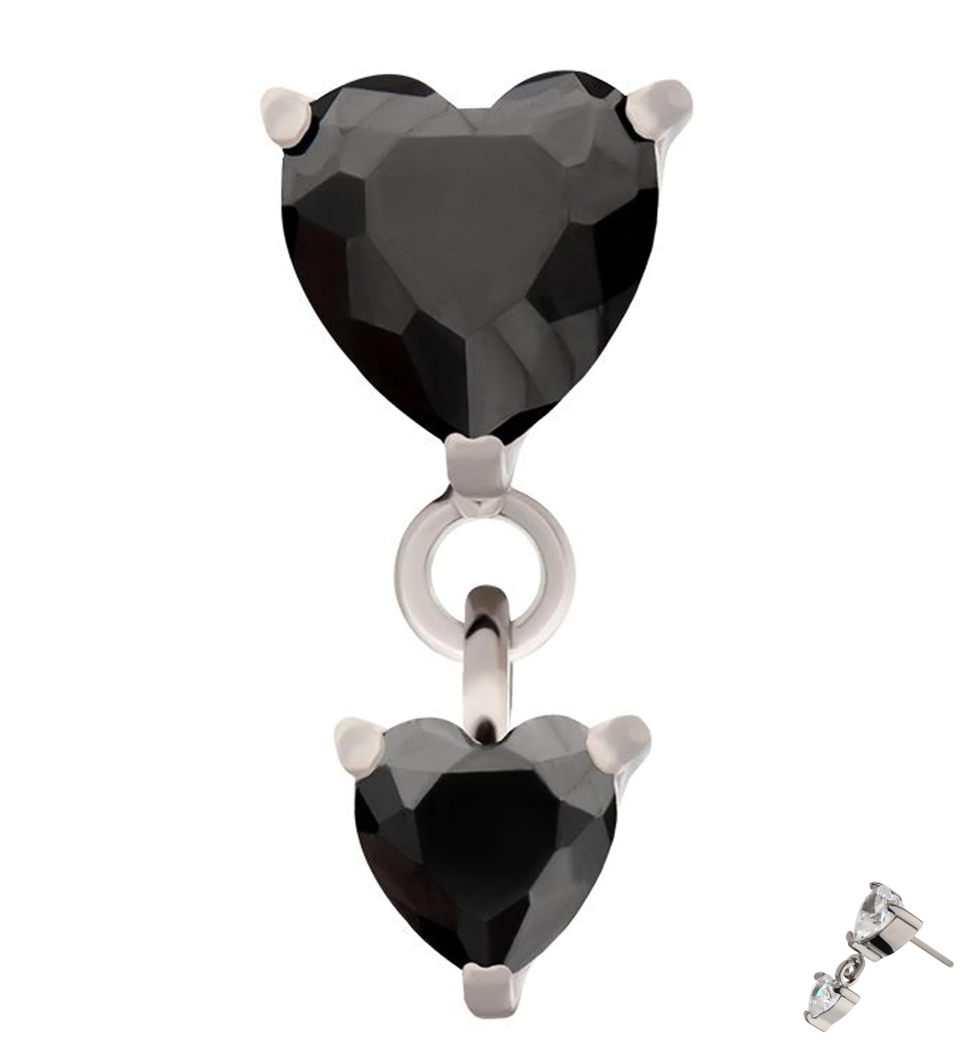 Double Heart Black CZ Dangle Titanium Threadless Top - Mrs Treak