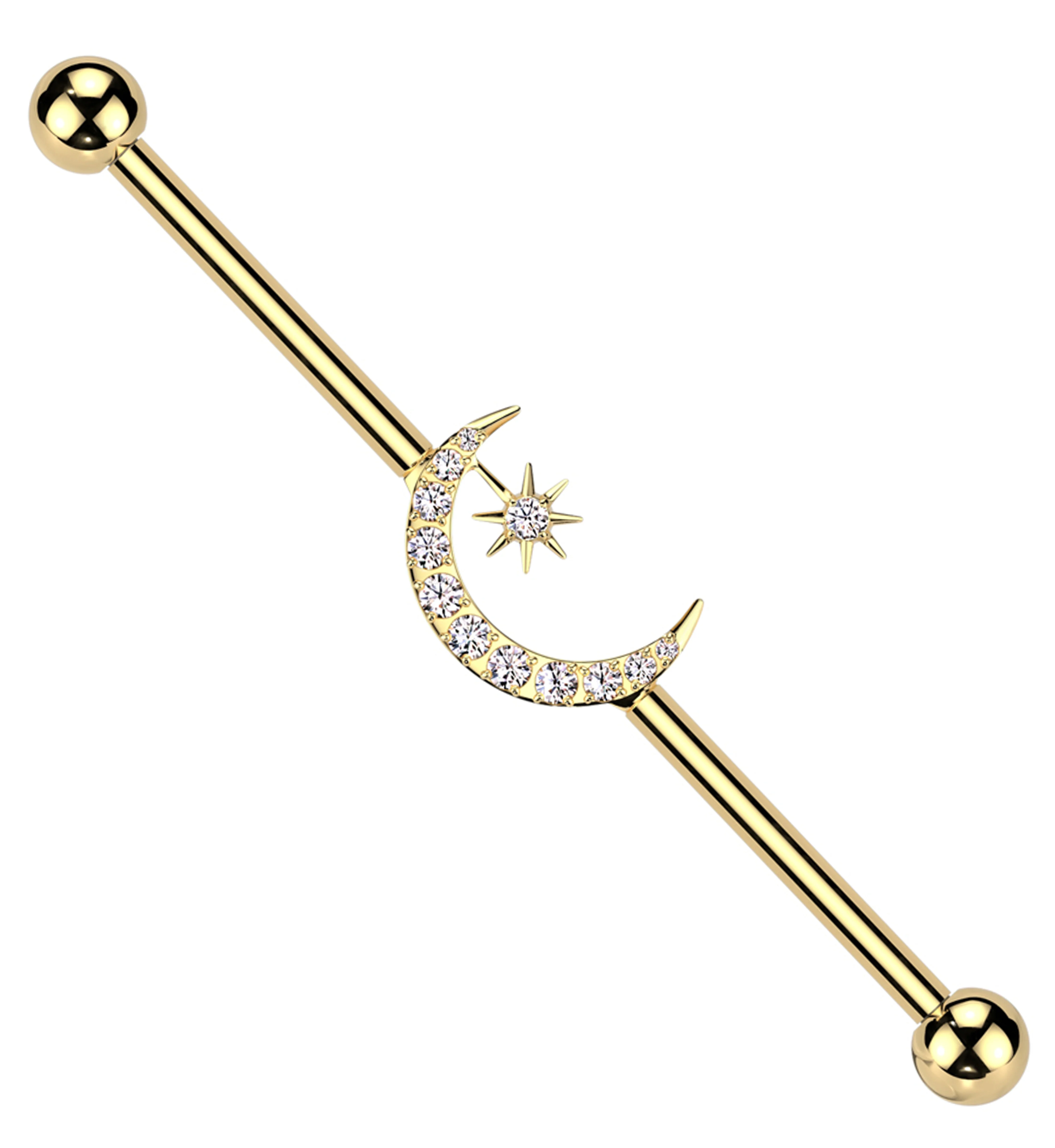 Gold PVD Twilight Moon And Star Clear CZ Internally Threaded Titanium Industrial Barbell - Mrs Treak