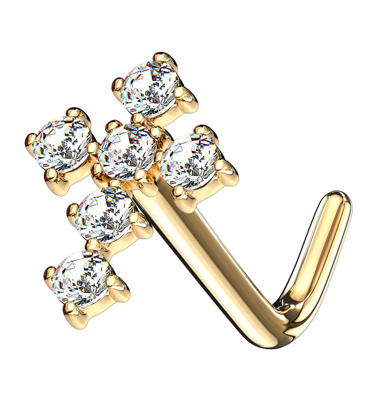 14kt Gold Cross Clear CZ L Bend Nose Ring - Mrs Treak