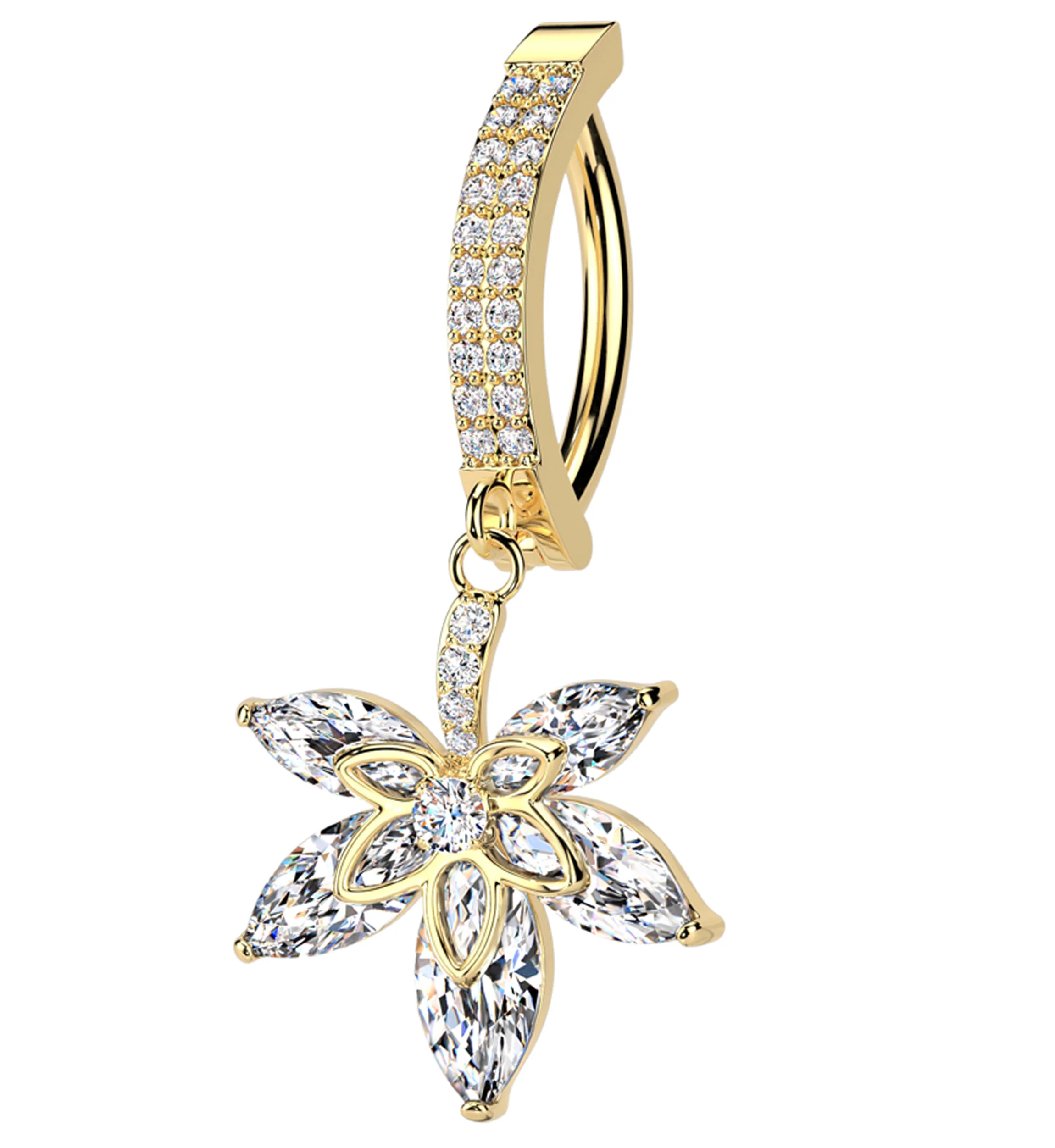 Gold PVD Hemp Leaf Dangle Clear CZ Stainless Steel Hinged Belly Button Ring - Mrs Treak