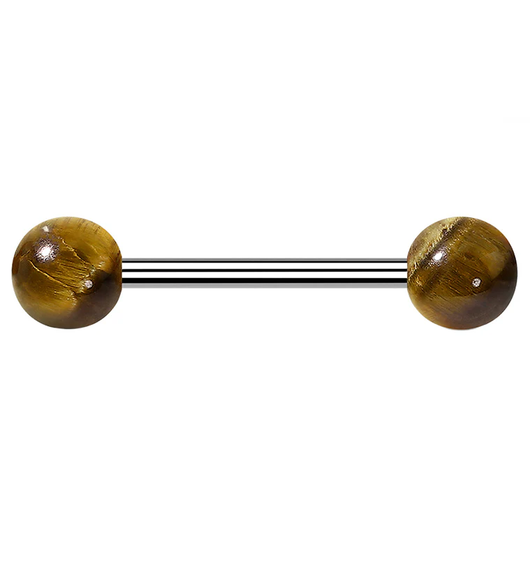14G Double Tiger Eye Stone Stainless Steel Barbell - Mrs Treak