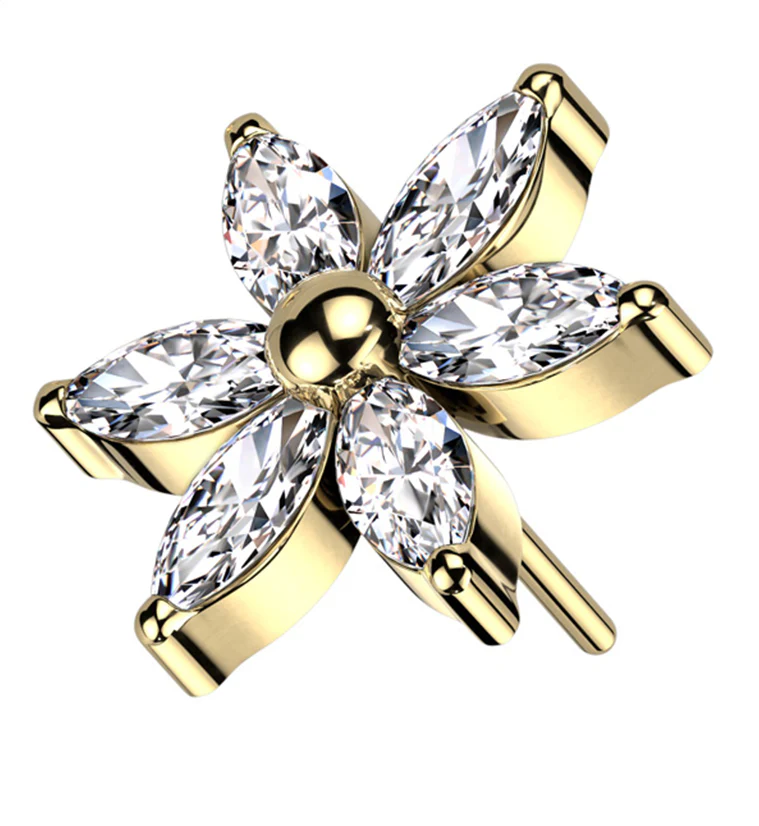 Gold PVD Senary Flower Clear CZ Titanium Threadless Top - Mrs Treak