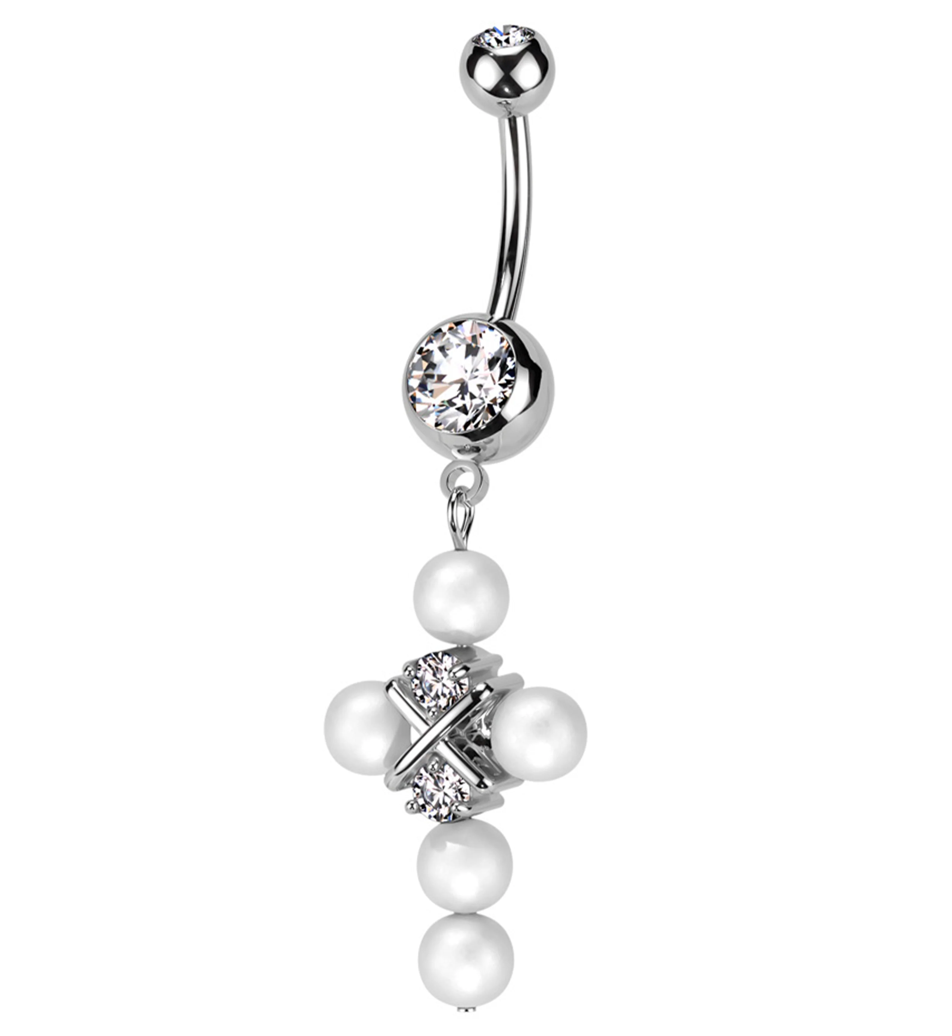 Pearl Cross CZ Dangle Stainless Steel Belly Button Ring - Mrs Treak