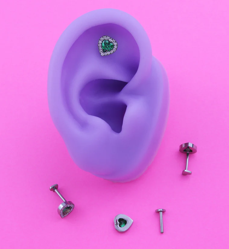 Lined Heart Green CZ Titanium Threadless Heart Back Labret - Mrs Treak