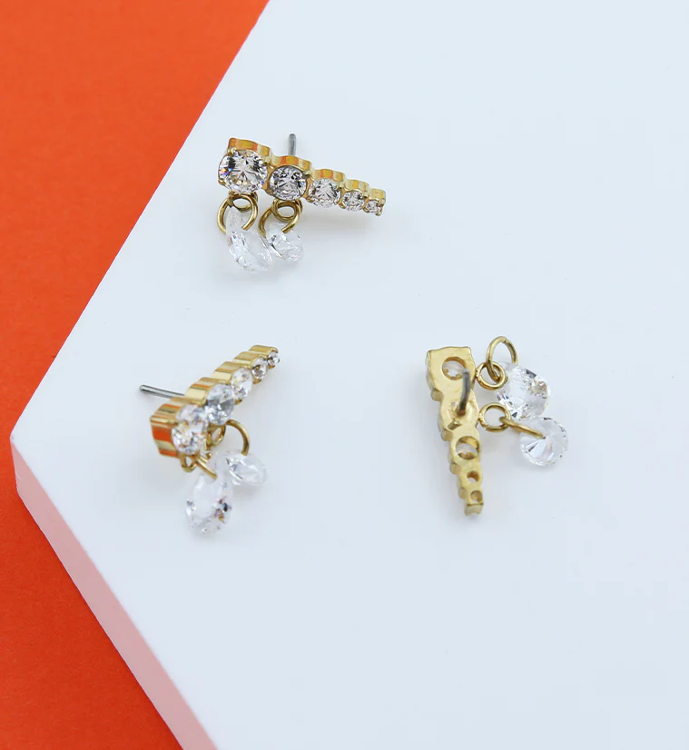 Gold PVD Descending Clear CZ Dangle Charms Titanium Threadless Top - Mrs Treak