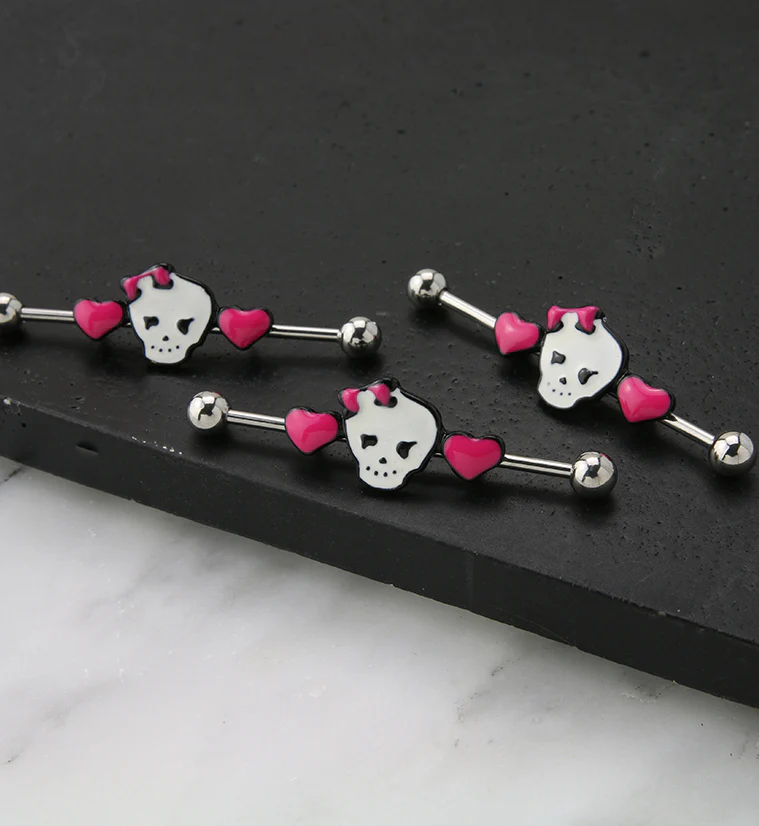 Skull And Hearts Industrial Barbell - Mrs Treak