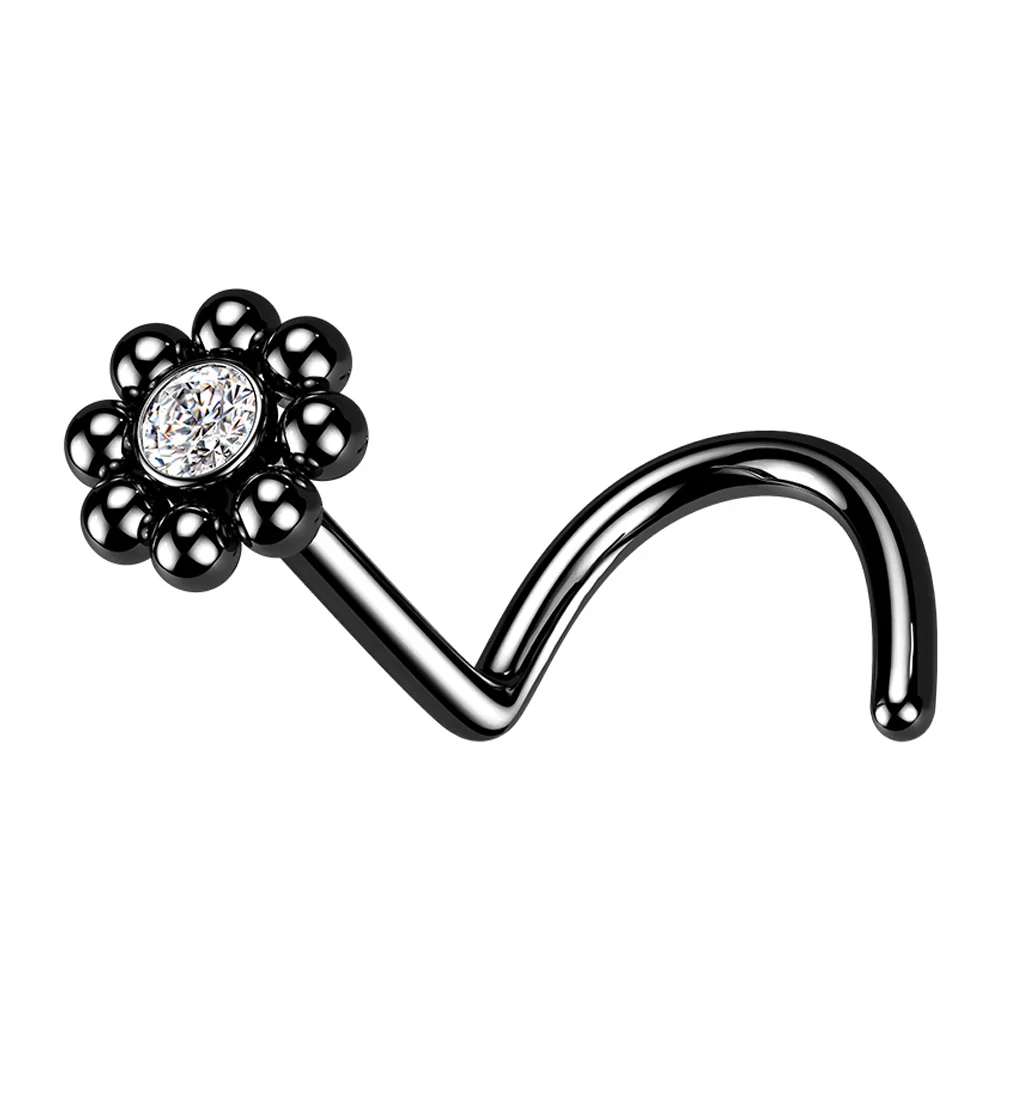Black PVD Beaded Flower CZ Nose Screw Ring - Mrs Treak