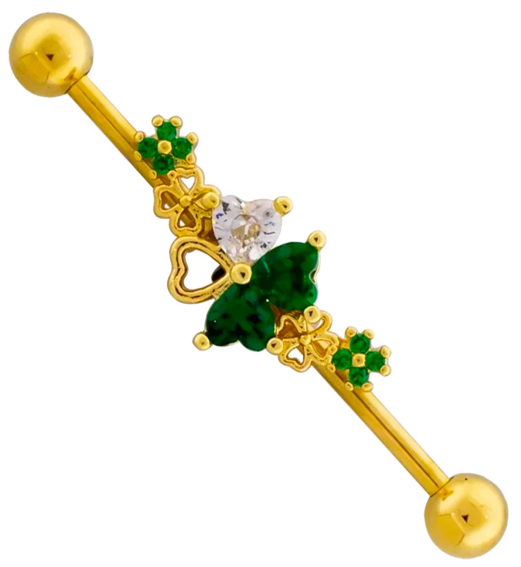 Gold PVD Lucky Clover Cluster Green CZ Stainless Steel Industrial Barbell - Mrs Treak