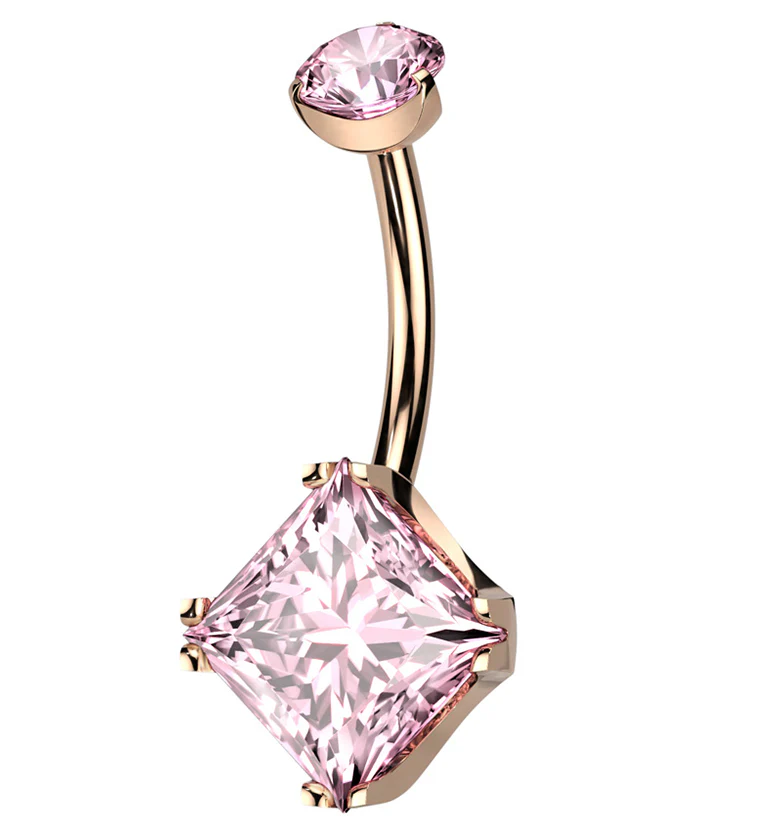 Rose Gold PVD Square Pink CZ Internally Threaded Titanium Belly Button Ring - Mrs Treak