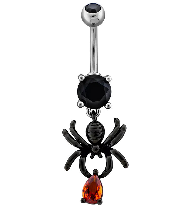 Black PVD Spider Dangle Teardrop Red CZ Stainless Steel Belly Button Ring - Mrs Treak