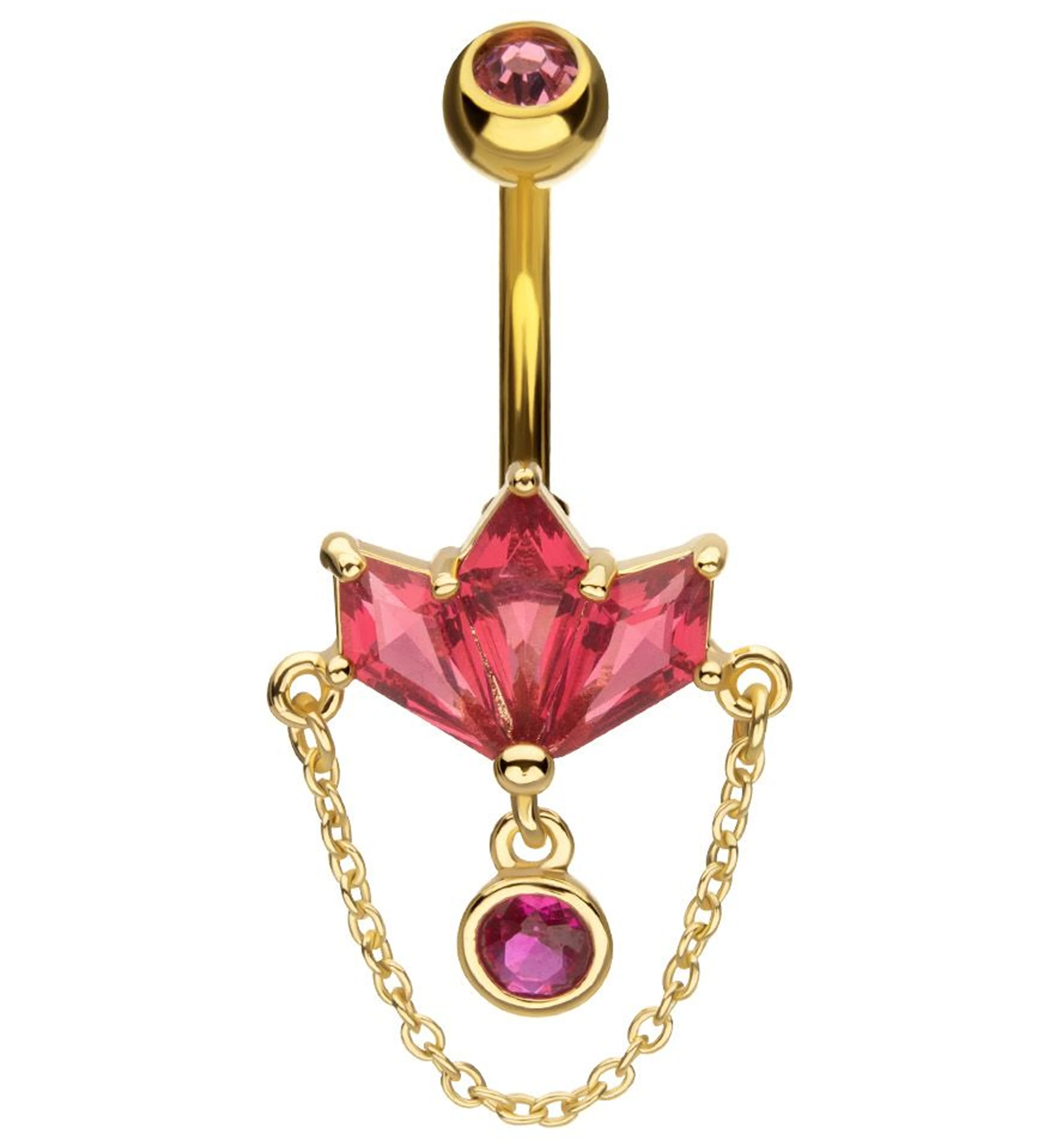 Gold PVD Triple Poly Fuchsia CZ Dangle Chain Stainless Steel Belly Button Ring - Mrs Treak