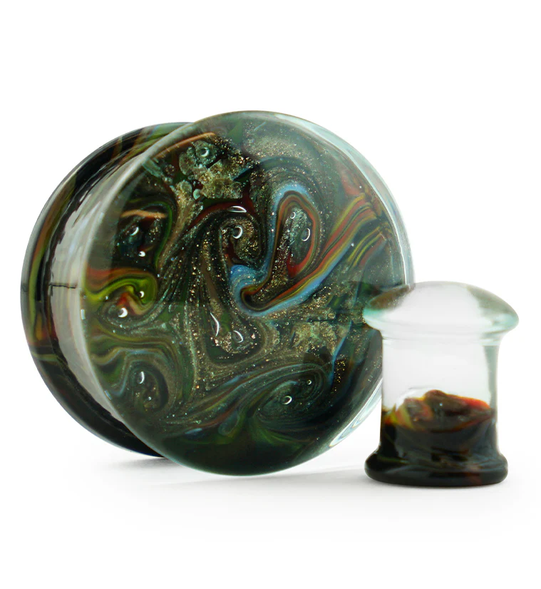 Rainbow Swirl Glass Double Flare Plugs - Mrs Treak