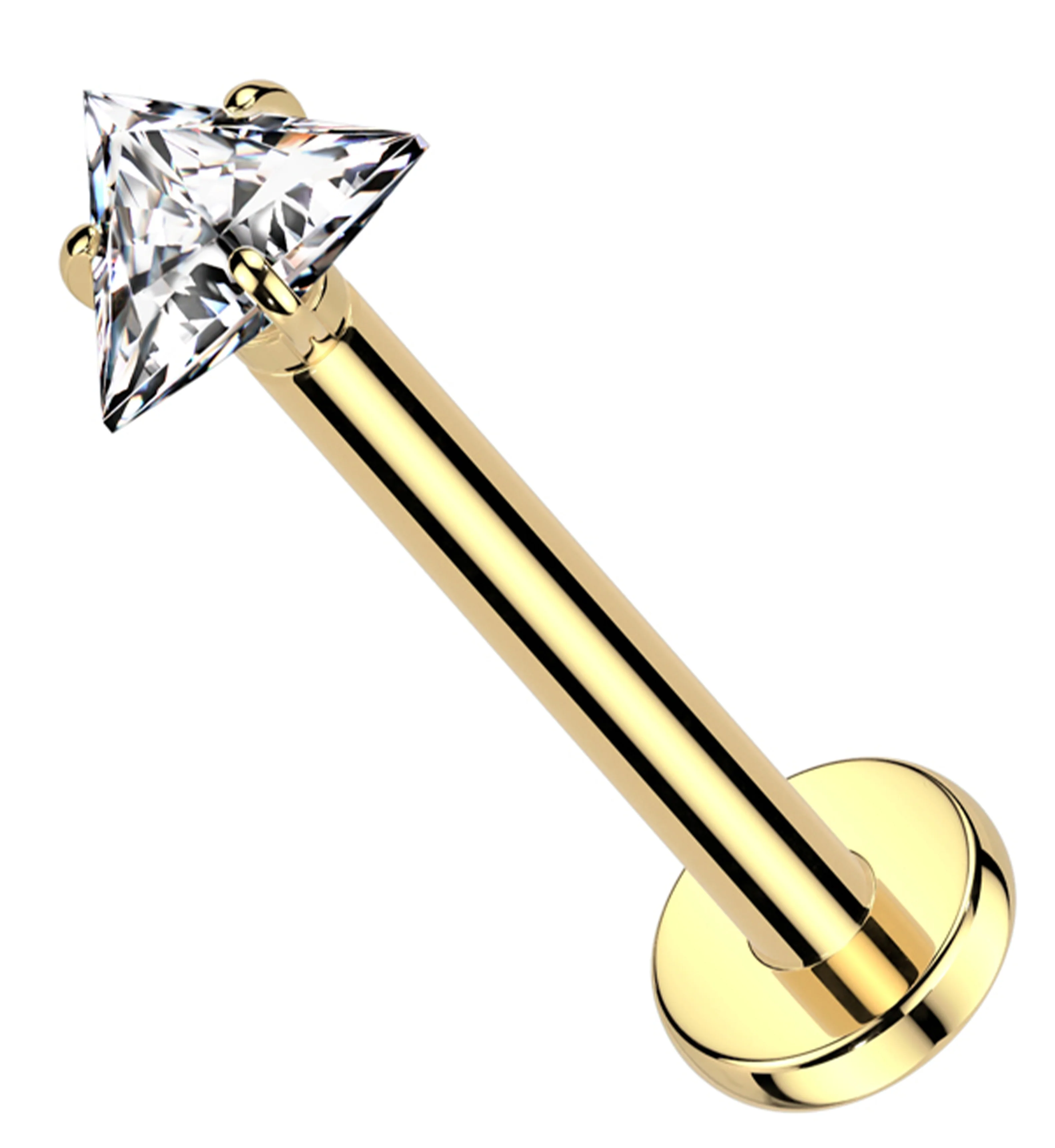 Gold PVD Triangle Prong Clear CZ Titanium Threadless Labret - Mrs Treak