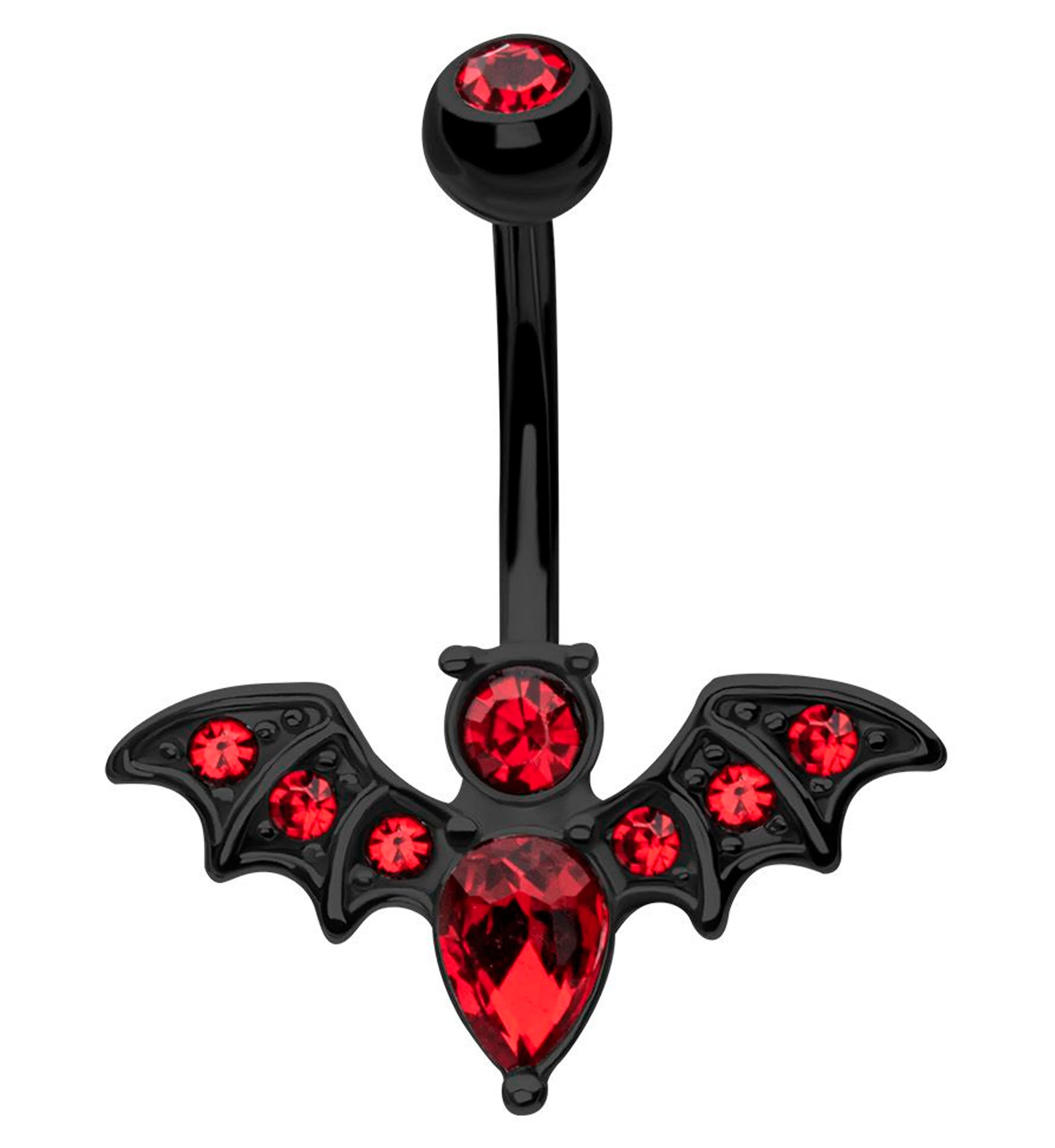 Black PVD Bat Red CZ Stainless Steel Belly Button Ring - Mrs Treak