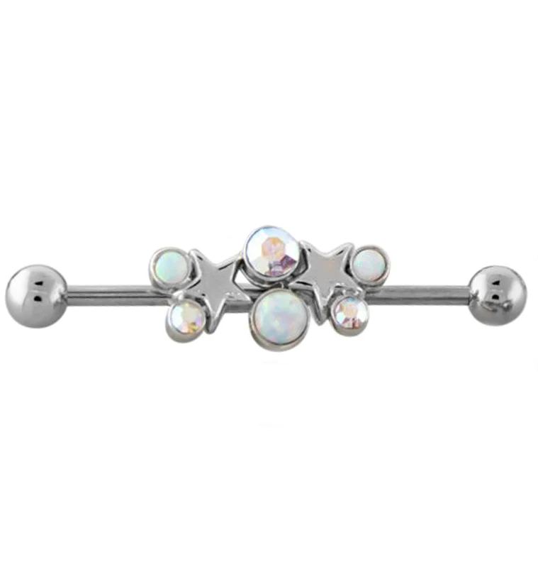 Starlet White Opalite and Rainbow Aurora CZ Industrial Barbell - Mrs Treak