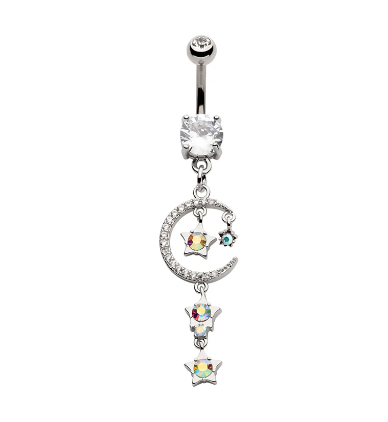 Celeste Triple Dangle Star Rainbow Aurora CZ Stainless Steel Belly Button Ring - Mrs Treak