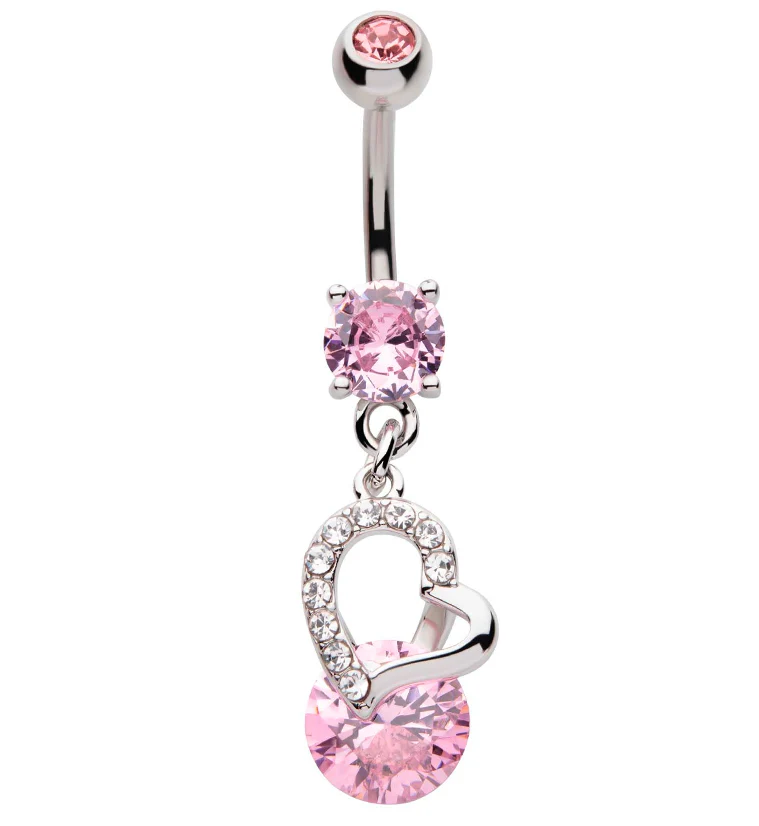 Dangling Heart Pink CZ Stainless Steel Belly Button Ring - Mrs Treak